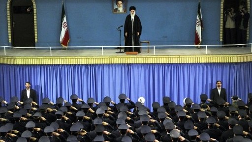 Iranian Supreme Leader Ayatollah Ali Khamenei on stage during a meeting with Iranian air force commanders in Tehran